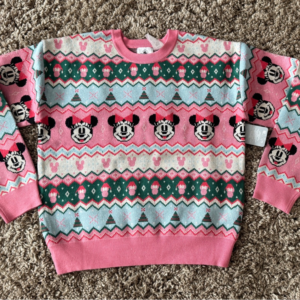Disney Christmas Pink Green Light Blue Minnie Mouse Fair Isle Sweater